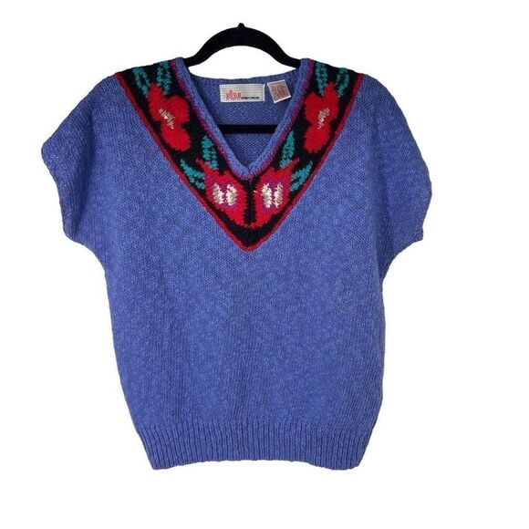 80’s 90’s Floral Embroidered V Neck Short Sleeve Sweater Sz M - Picture 1 of 5